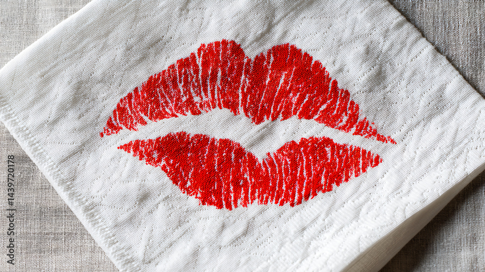 Kiss Print on Linen: A romantic kiss print boldly imprinted upon a white linen, capturing the essence of passionate connection and tender moments.