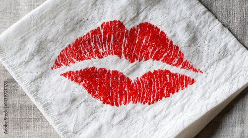 Obraz na płótnie Kiss Print on Linen: A romantic kiss print boldly imprinted upon a white linen, capturing the essence of passionate connection and tender moments. w salonie