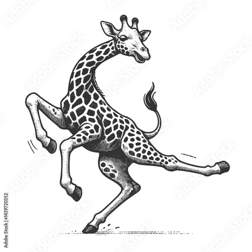giraffe playfully dancing, fantasy, nature, and artistic whimsy in a vintage style sketch engraving generative ai vector illustration. Scratch board. Black and white.