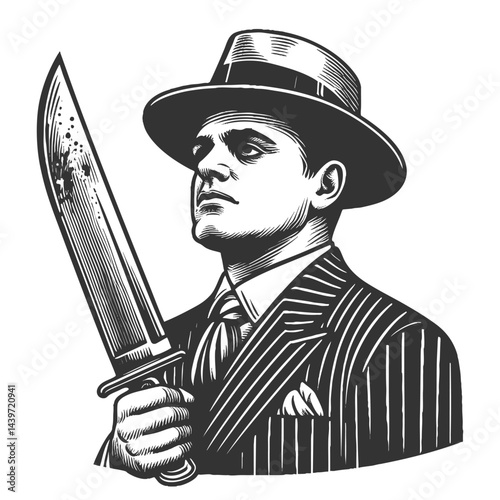 Mafioso gangster wearing a fedora and suit, holding a large knife in a classic vintage style sketch engraving generative ai vector illustration. Scratch board imitation. Black and white image.