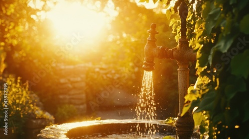 Sunset fountain water flow in garden