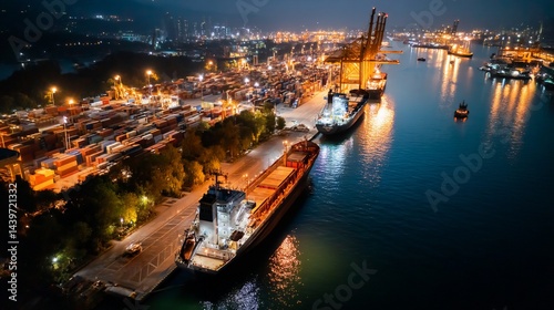 Nighttime aerial view of a busy port with cargo ships and containers.  Possible use Stock photo for business, industry, and transportation photo