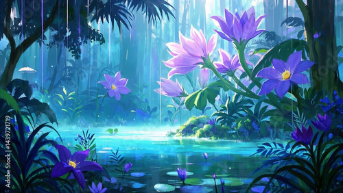Fantasy jungle, bioluminescent lagoon, giant glowing lotus flowers, mystical forest, ethereal blue light, tropical plants, magical atmosphere,  PNG file isolated on transparent background, cut out
