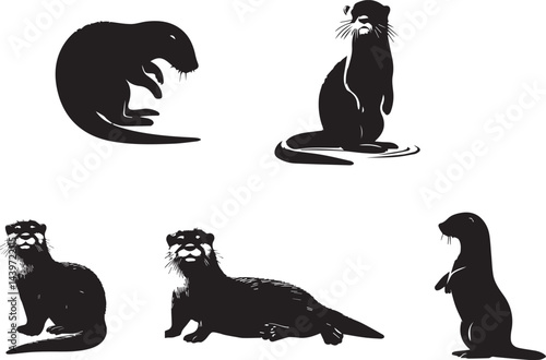 Otters in Various Poses Black Silhouette Collection