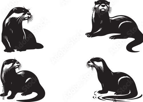 Otters in Various Poses Black Silhouette Collection
