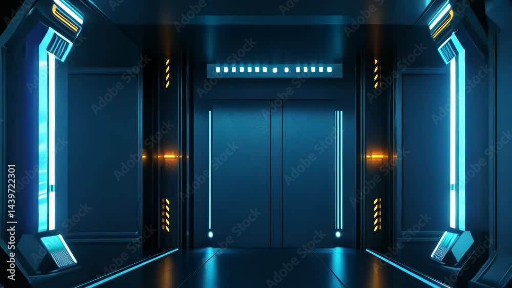 Futuristic sci fi corridor interior with bright blue lighting and modern design
