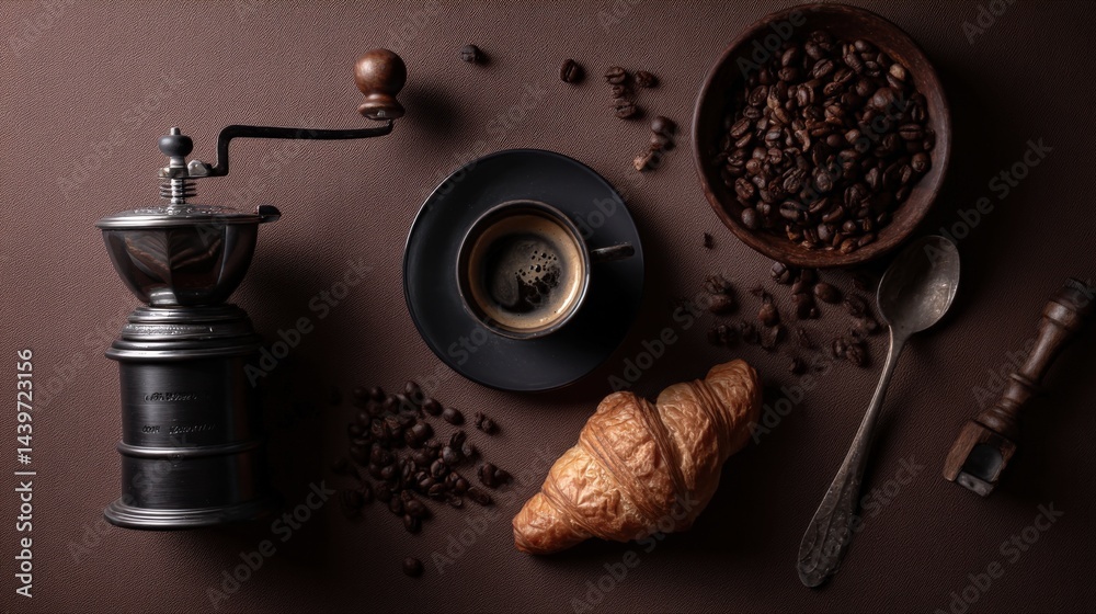 Classic Coffee Preparation with Grinder, Cup, and Pastries