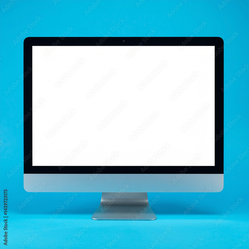 Fototapeta premium Computer monitor with blank screen isolated on blue backdrop. Mock-up.