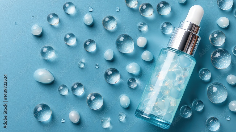 Clear Skin Serum with Water Droplets on Blue Surface Background
