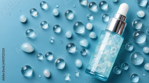 Obraz na płótnie Clear Skin Serum with Water Droplets on Blue Surface Background w salonie