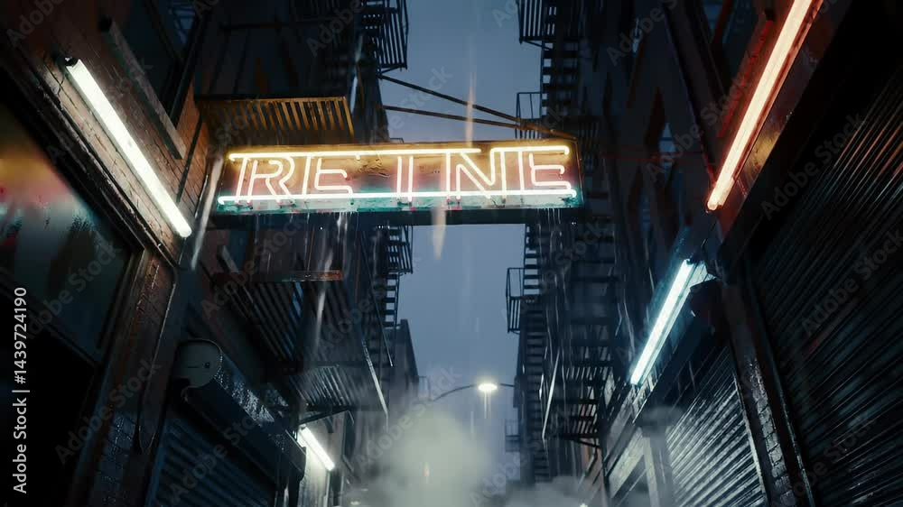 cyberpunk alley at night, flickering neon sign in Japanese kanji, rain-soaked pavement, neon glow reflections