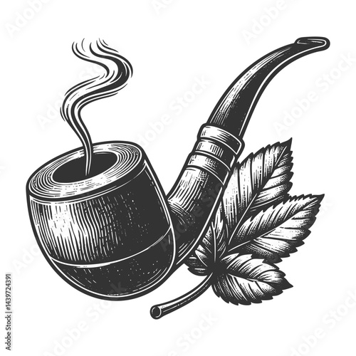 smoking pipe with smoke and leaves, evoking old-world charm and tradition sketch engraving generative ai vector illustration. Scratch board imitation. Black and white image.