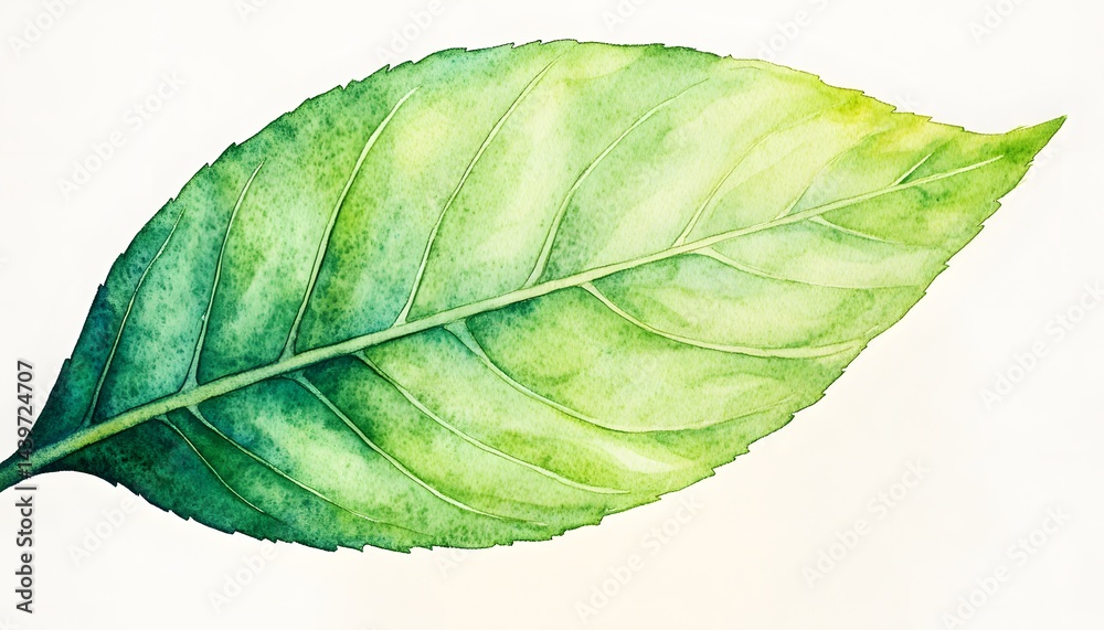 A watercolor painting of a single green leaf on white
