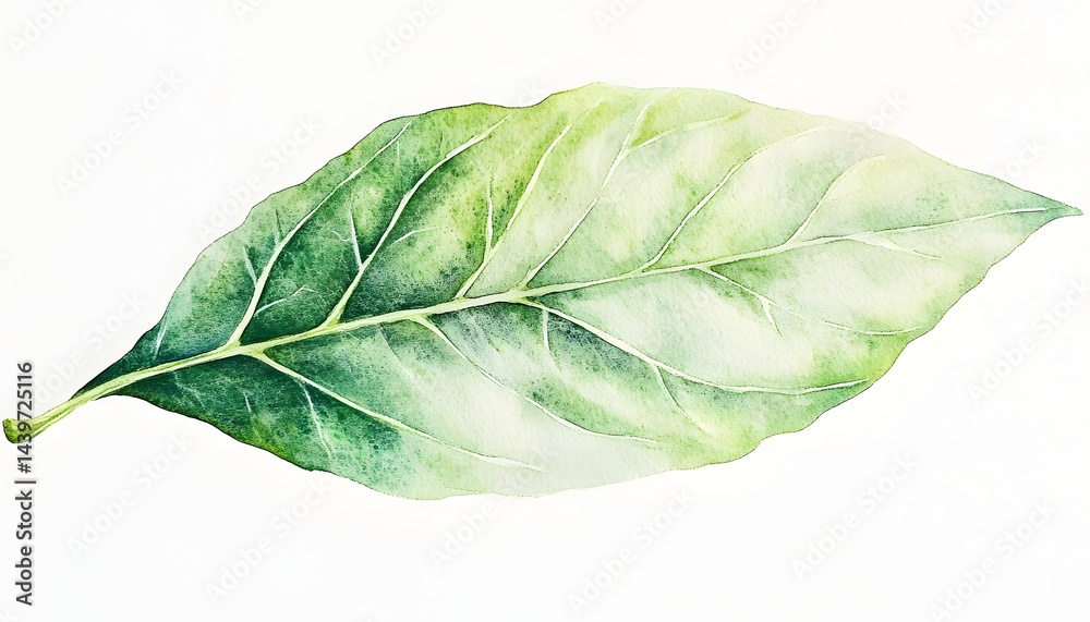 An artistic watercolor painting of a single green leaf