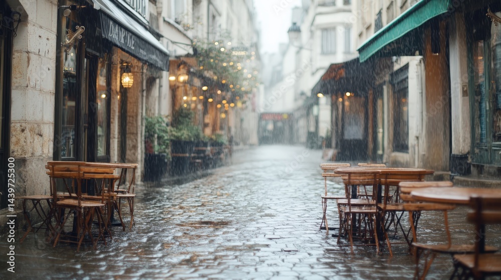 Fototapeta premium Rainy Street Scene with Empty Tables in Parisian Alleyway