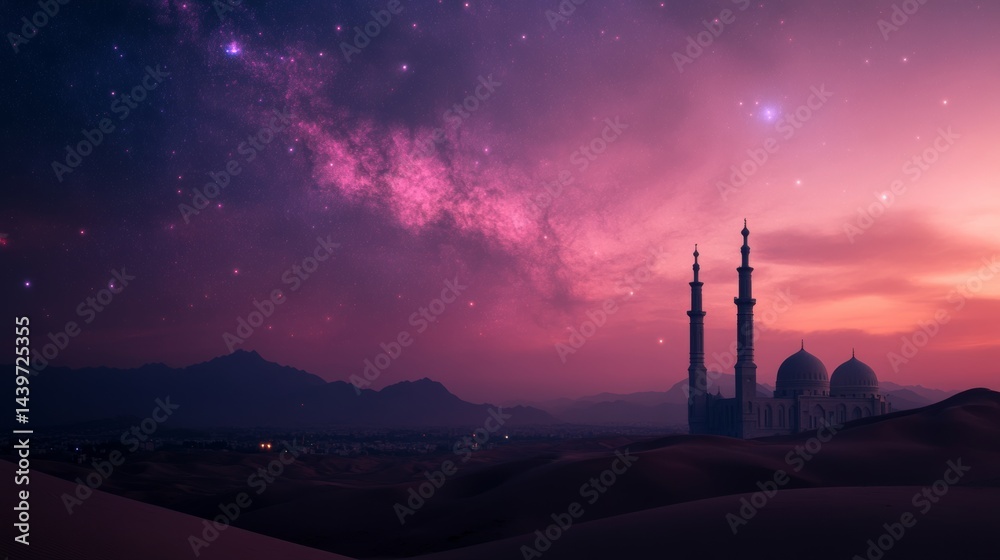 Naklejka premium A panoramic view of a minarets under a cosmic sky filled with bright stars and nebulae,