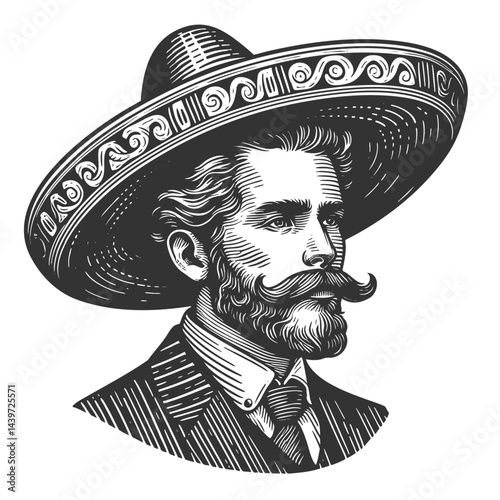 serious man wearing a traditional sombrero and formal suit with a bow tie, showcasing cultural elegance and heritage sketch engraving generative ai vector illustration. Scratch board. Black and white.