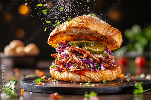 Croissant sandwich with spicy barbecue pulled pork, coleslaw, pickles, and dynamic swirling ingredients in a high-energy vortex above the croissant, creating an exciting food scene