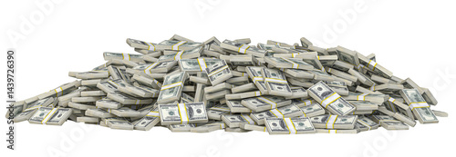 Bundles of one hundred dollar bills forming a large pile on a transparent background