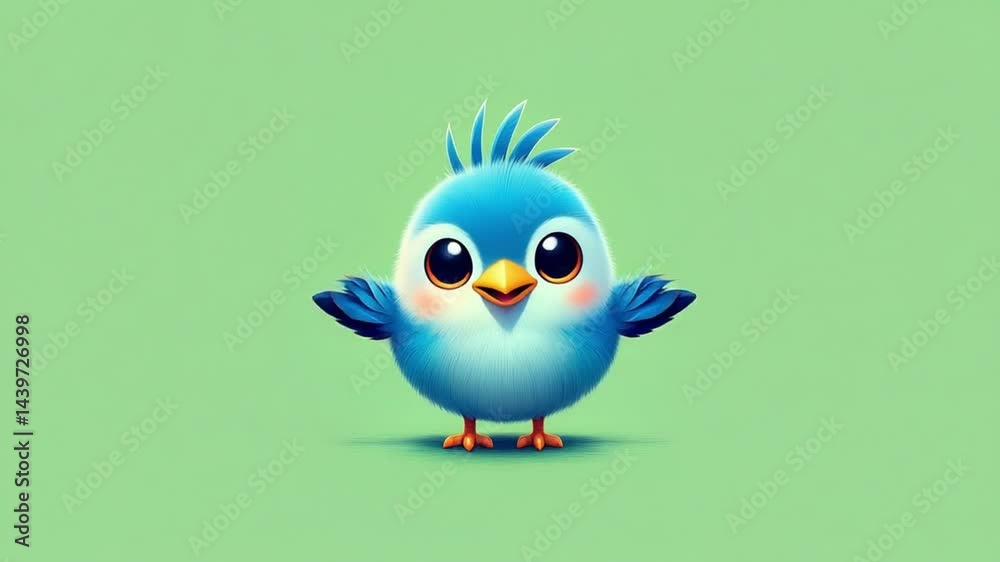 Cute blue cartoon bird standing and smiling in a green background Cute blue cartoon bird standing and smiling in a green background