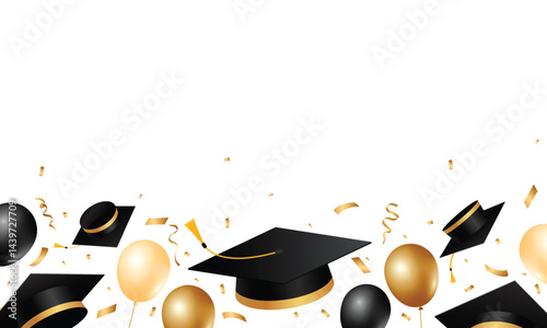 Graduation hats background. Graduation caps, balloons and gold ribbons decoration elements. School, college and university celebration design. Vector illustration