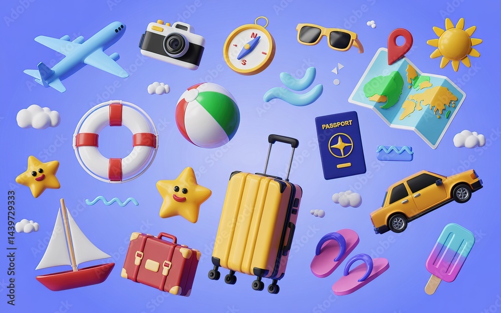 Fototapeta premium Vibrant 3D Travel Icons Plane, Suitcases, Map, Passport, Car, Sun, Camera on Blue.