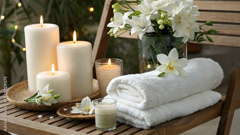 Relaxing spa setup with candles and flowers for a calming experience Relaxing spa setup with candles and flowers for a calming experience