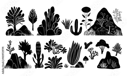 Set of black and white vector surreal contemporary minimal linocut style nature. Hand drawing minimal symbols and nature.	