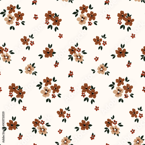 Seamless floral pattern, liberty ditsy print with mini hand drawn bouquets. Cute botanical design of tiny brown flowers, leaves, small bouquets in abstract composition. Vector illustration.
