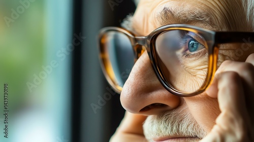 An elderly man thoughtfully gazes out the window, reflecting on life's moments.