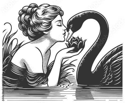 woman tenderly kissing a black swan, symbolizing intimacy with chaos, mystery, or rare events sketch engraving generative ai vector illustration. Scratch board imitation. Black and white image.