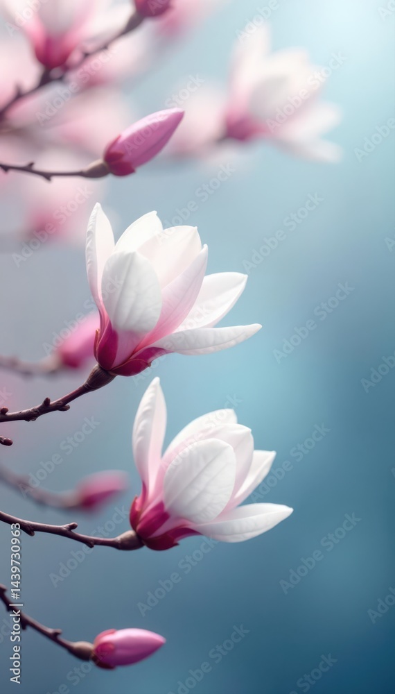 Fototapeta premium Delicate white magnolia blossoms, soft blue pink bokeh background , elegant, macro