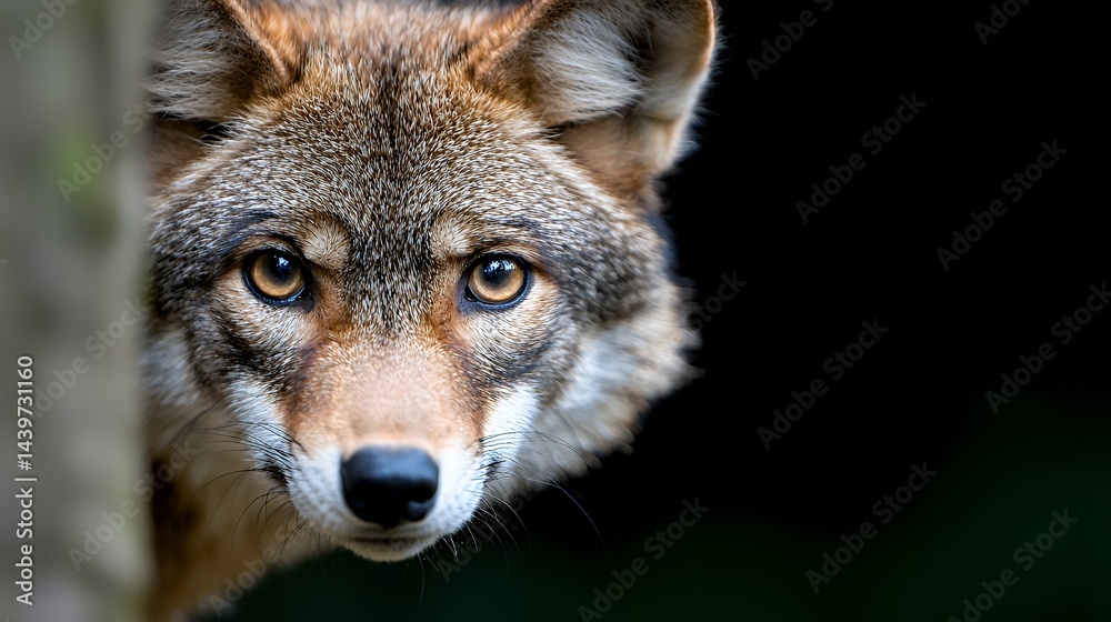 Fototapeta premium Coyote Peeking From Behind Tree Trunk Close-up