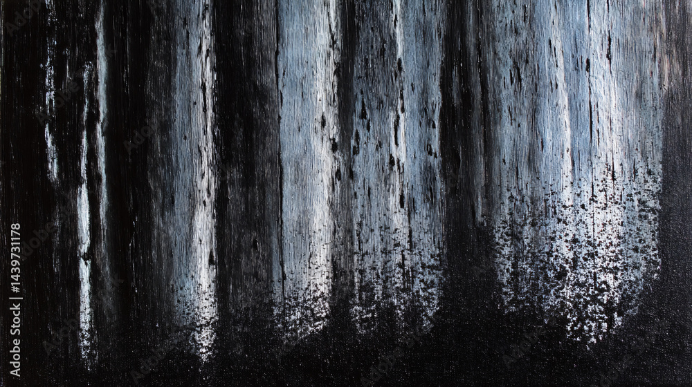 Dark, textured abstract painting with vertical lines and marks