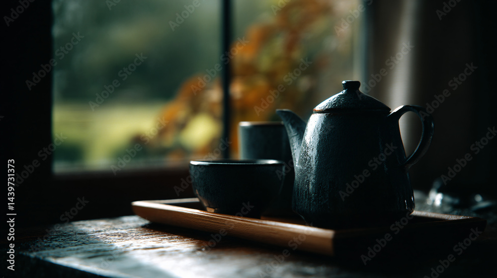 Dark-grey teapot, cup, and container rest on a light wooden tray near a window.