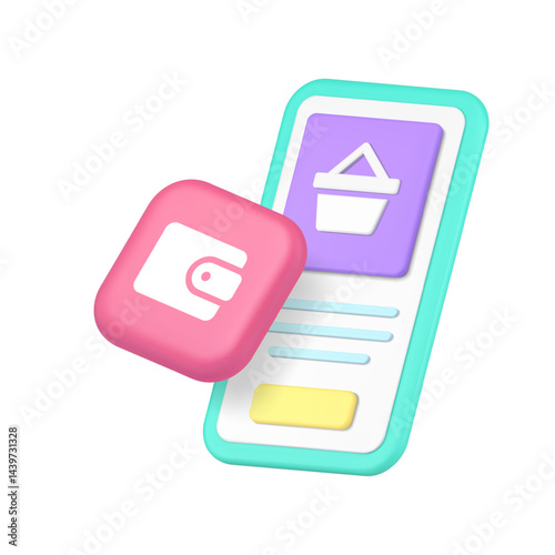 Online shopping payment shop store smartphone application 3d icon realistic vector illustration. Internet supermarket market mobile phone app paying web banking buying goods purchase technology