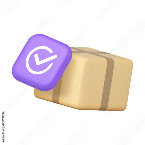 Postal parcel cargo delivery success complete checkmark done 3d icon realistic vector illustration. Online shopping freight cardboard box courier shipping transportation checking report badge