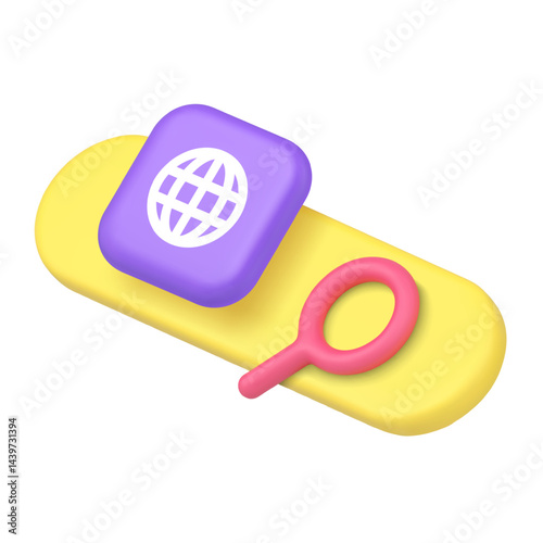 Internet browser global search here bar web link for user interface 3d icon realistic vector illustration. Online cyberspace exploration information find form website tab element magnifying glass