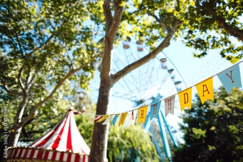 Colorful Birthday Banner with Ferris Wheel in Background Scene