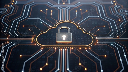 Digital cloud with a lock symbol, surrounded by intricate circuit patterns, representing cybersecurity and data protection.