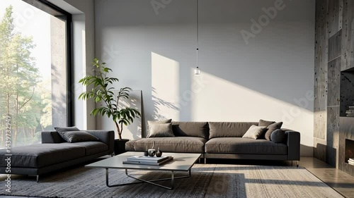 Modern living room with natural light and minimalist design  