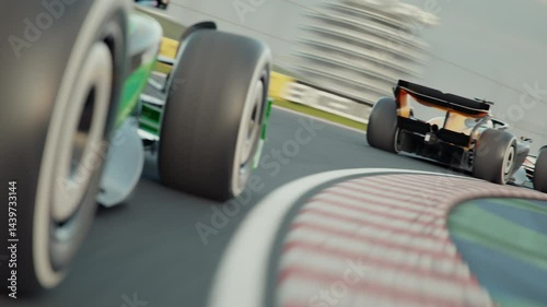 Wallpaper Mural Dynamic drone shot following two generic formula one race cars. Low angle view. Drone moving from side to side. 3D animation rendering. New 2025 black and gold race car design Torontodigital.ca