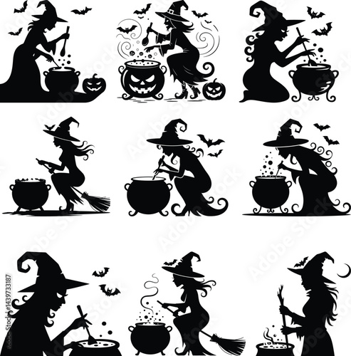 Halloween silhouettes, witches brewing potions, black cauldrons, magic spells, flying bats, jack-o-lanterns, broomsticks, pointed hats, curling smoke, mystical ambiance, spooky illustrations, vector a