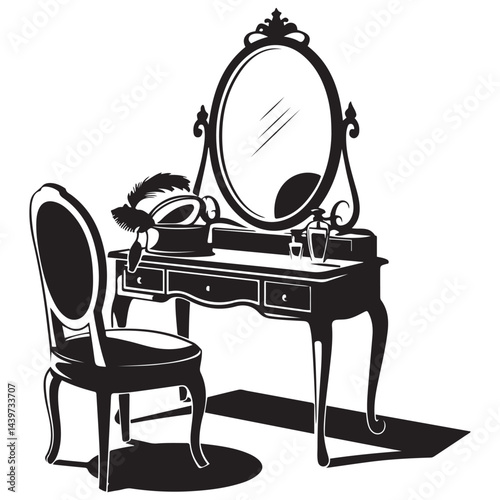 dressing room with antique furniture, Vector Black silhouettes. with white background