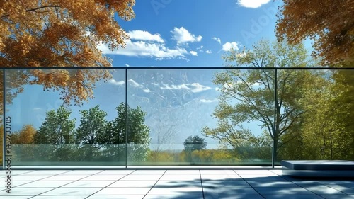 Modern patio view with autumn trees and foliage under a bright blue sky and clouds