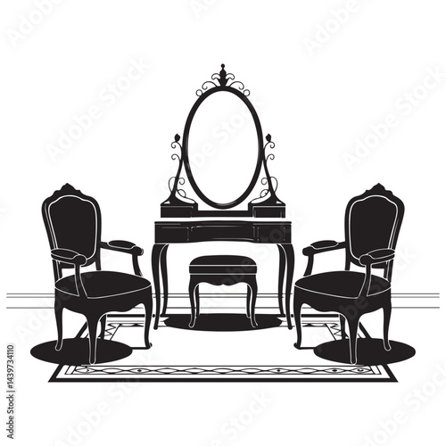 dressing room with antique furniture, Vector Black silhouettes. with white background