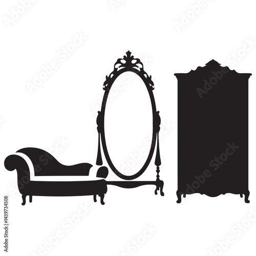 dressing room with antique furniture, Vector Black silhouettes. with white background