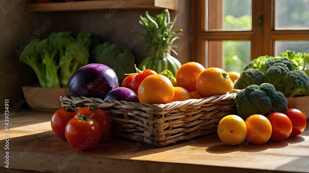 A wooden table filled with fresh, colorful fruits and vegetables A wooden table filled with fresh, colorful fruits and vegetables
