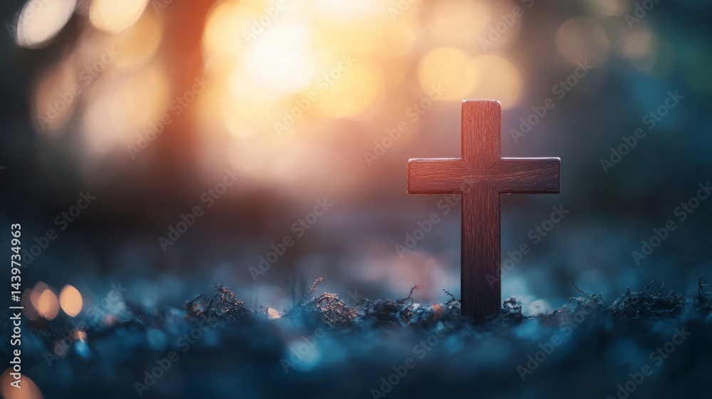 Wooden Cross in Nature with Soft Focus and Warm Sunlight Background