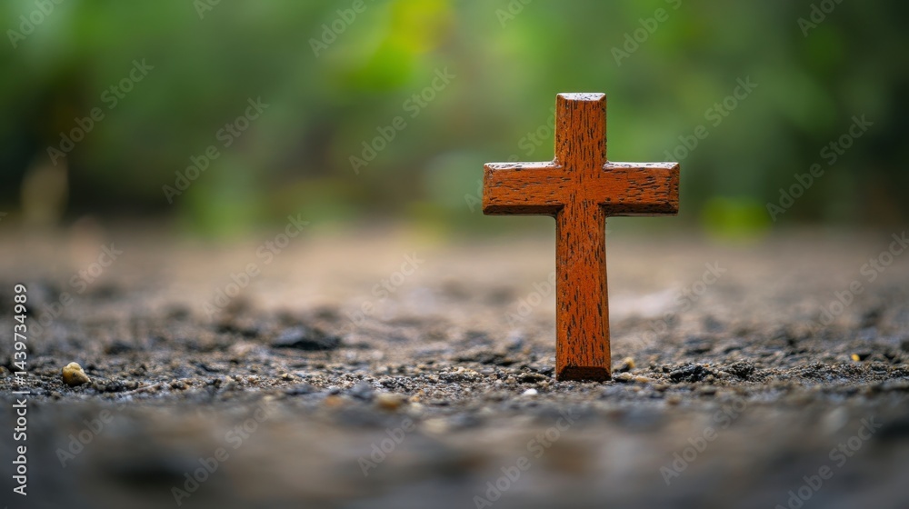 Wooden Cross on Ground Surrounded by Natural Greenery and Soft Light Wooden Cross on Ground Surrounded by Natural Greenery and Soft Light